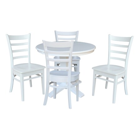 International Concepts 36 in. Solid Wood Round Extension Dining Table with 4 Dining Chairs in White K08-36RXT-23B-C617-4